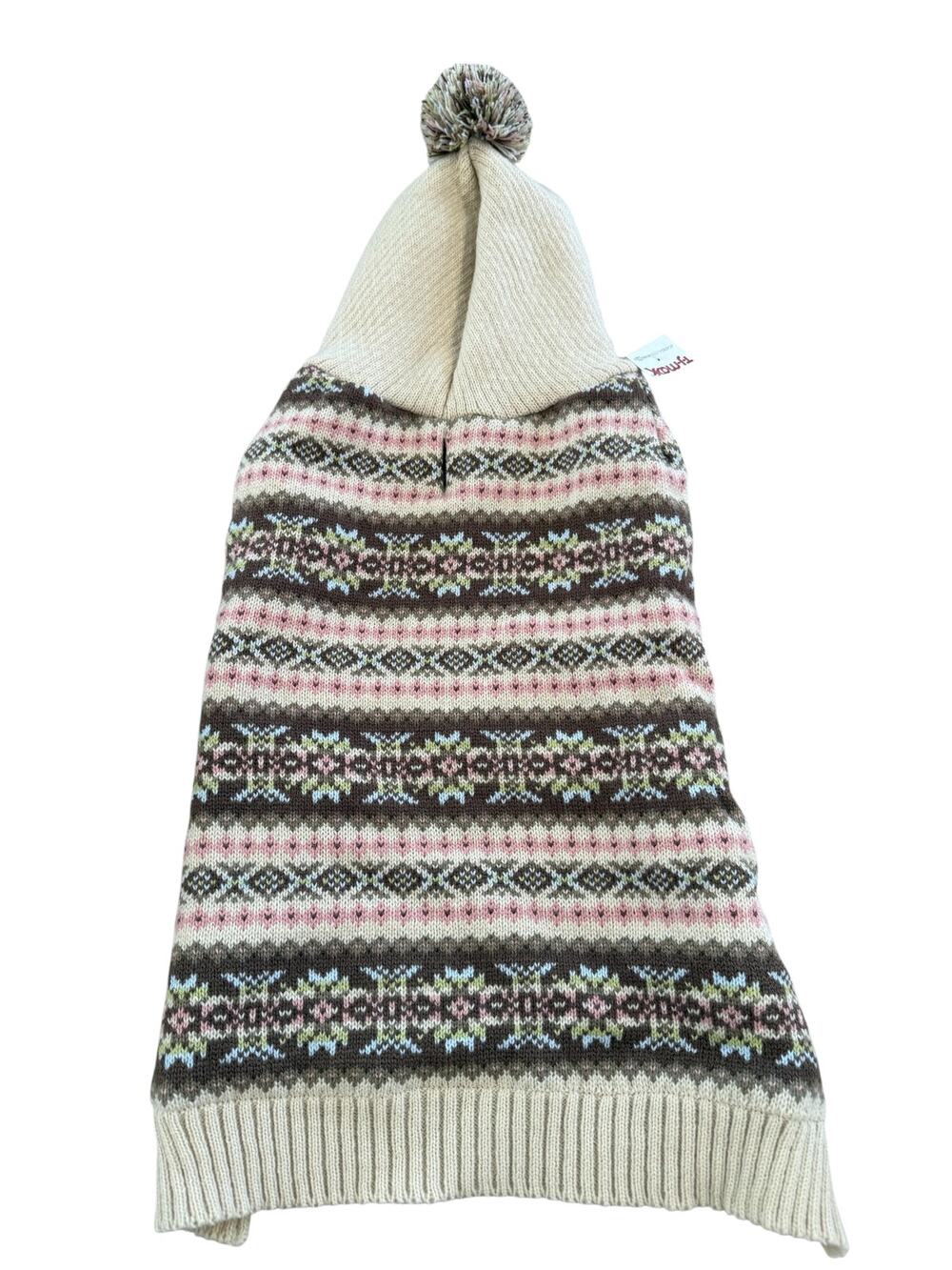 Fair Isle Hooded Dog Sweater Beige Taupe Pink M